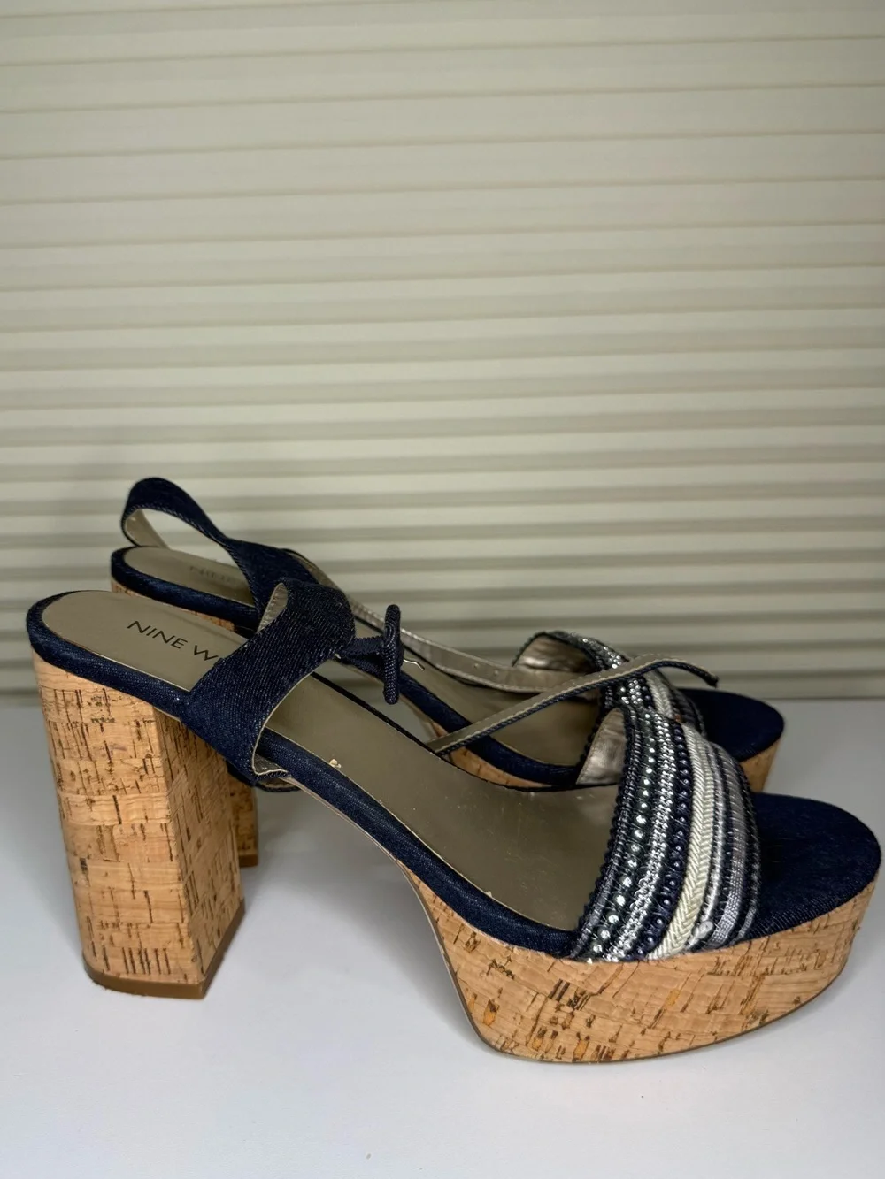 Nine West Navy and Cork Platform Sandals with Beaded Straps